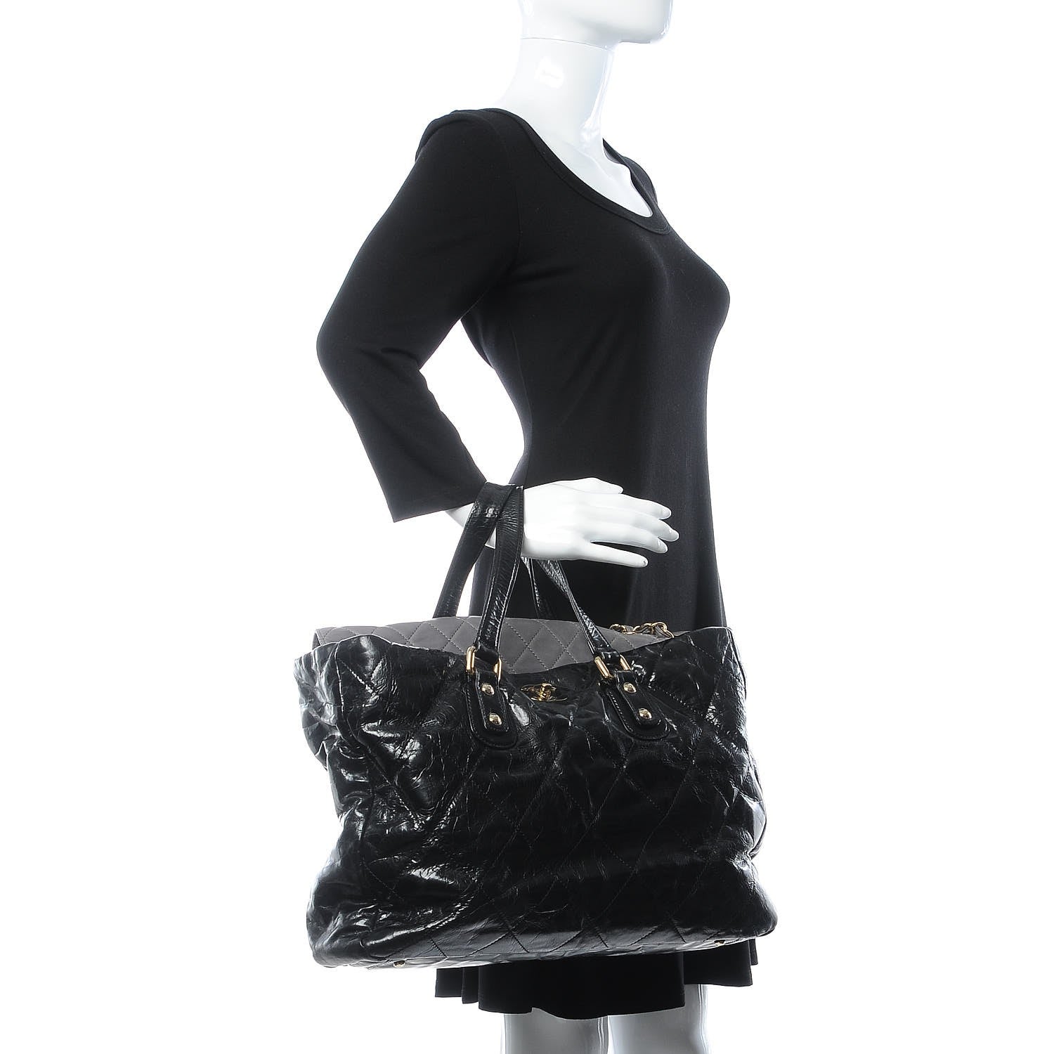 Chanel Glazed Calfskin Lambskin Quilted Portobello Tote Black Grey 2 of 11