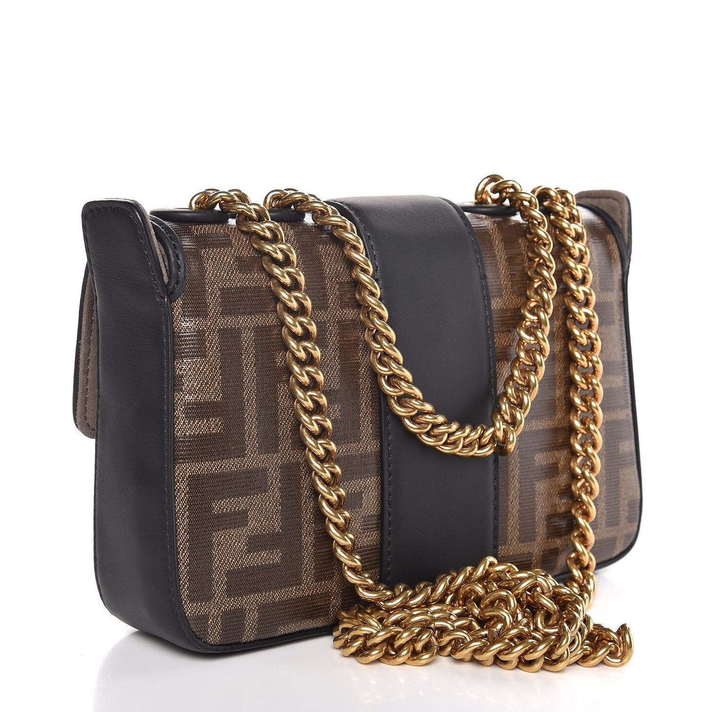 Glazed Fabric Vitello Century FF 1974 Stamp Patch Mini Double F Crossbody Bag Mogano Panna Black