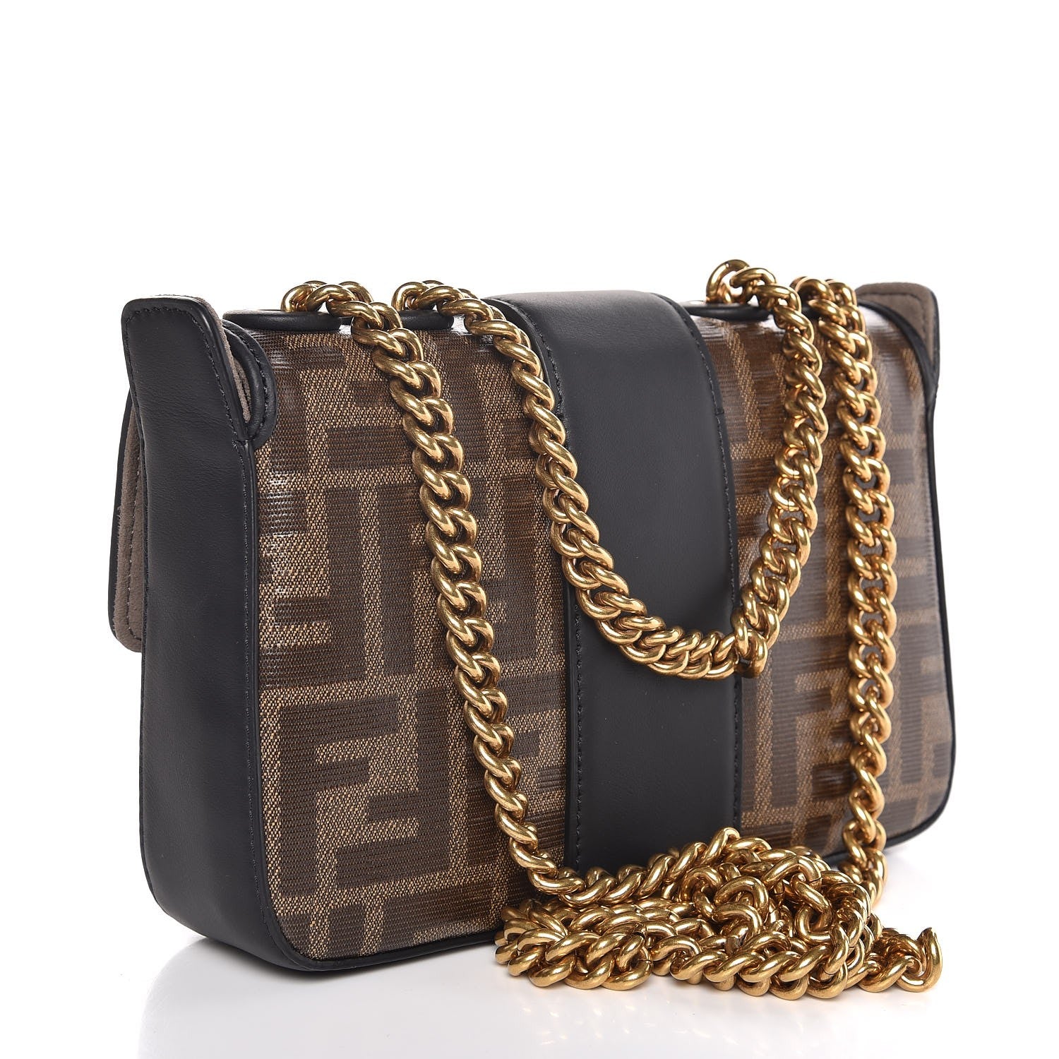 Fendi Glazed Fabric Vitello Century FF 1974 Stamp Patch Mini Double F Crossbody Bag Mogano Panna Black 3 of 8