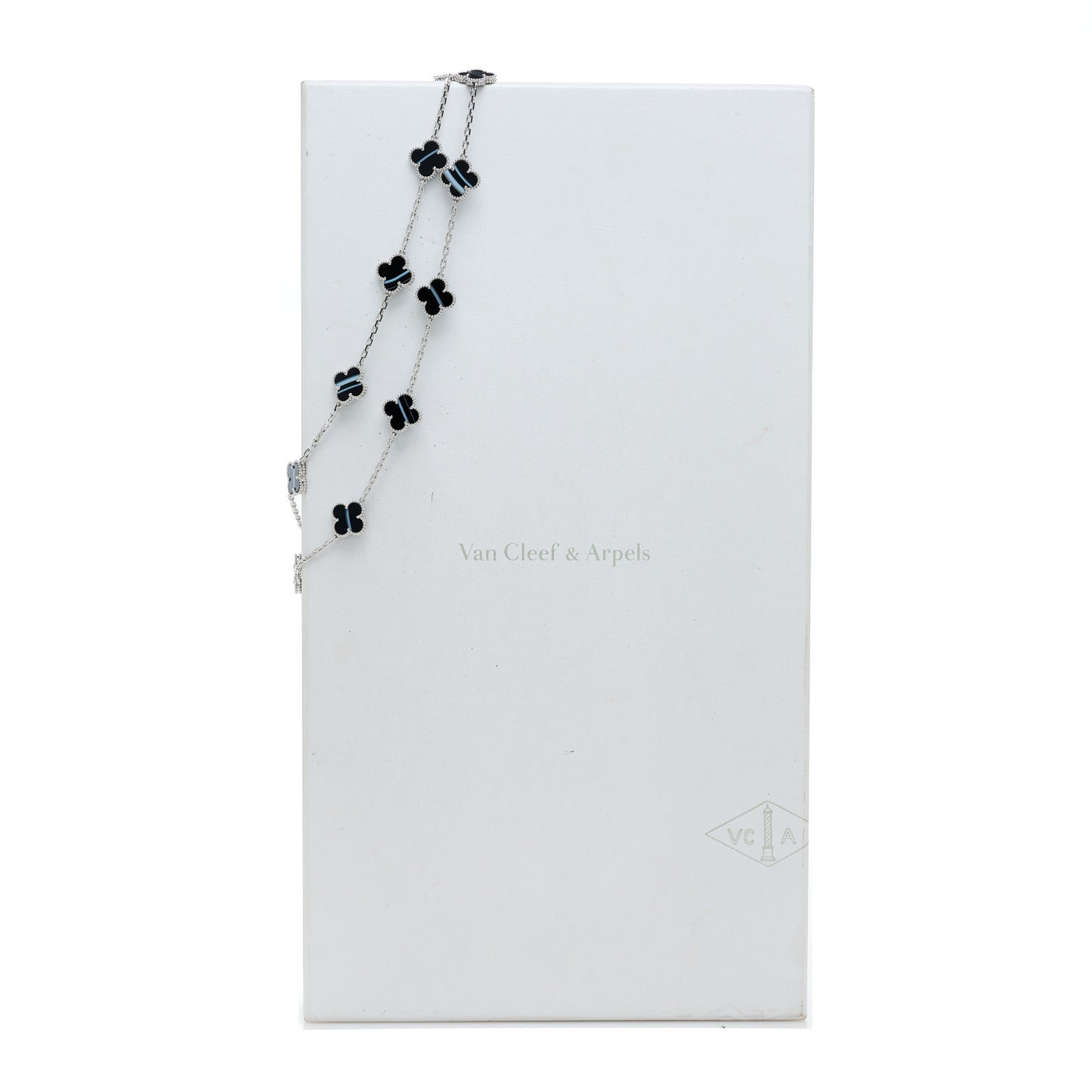 18K White Gold Veined Black Onyx 20 Motifs Vintage Alhambra Necklace