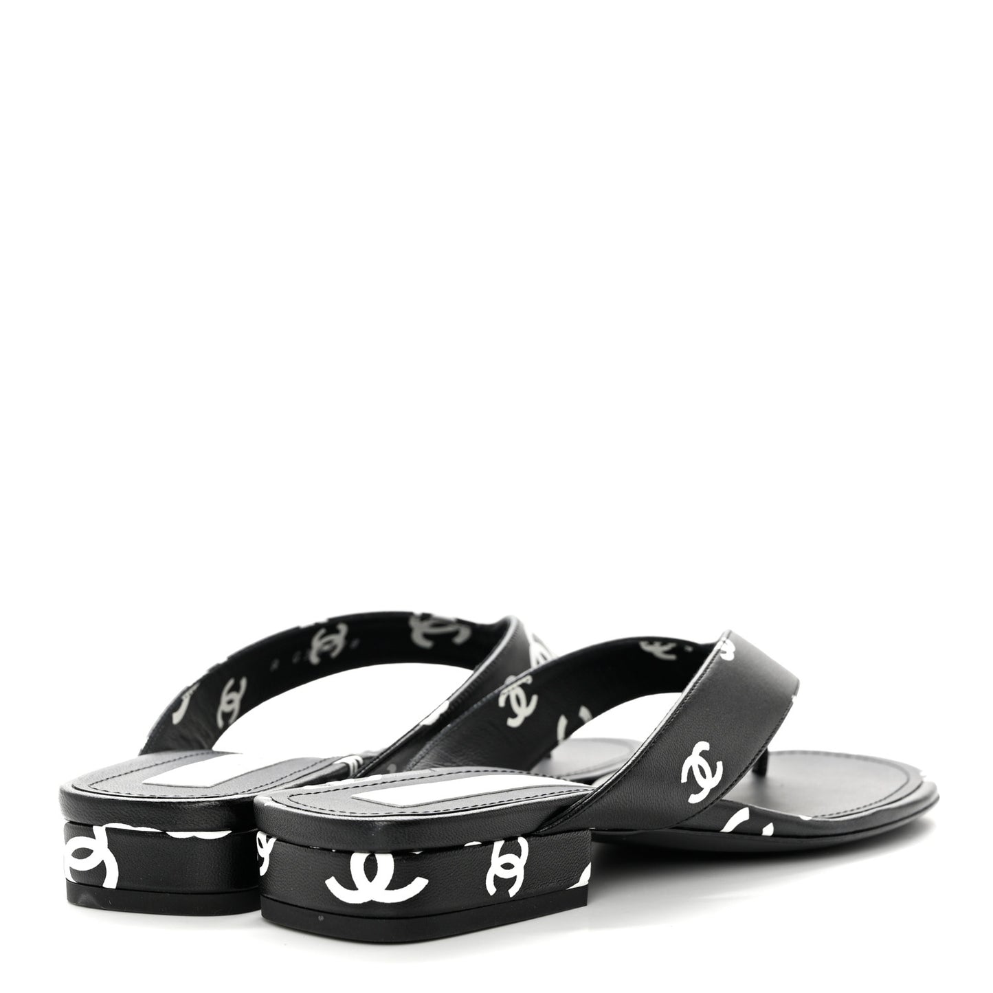 Lambskin Printed CC Thong Sandals 38 Black White