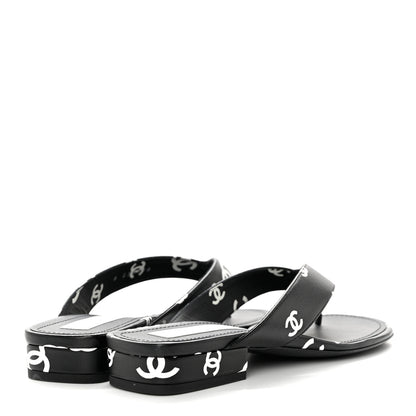 Chanel Lambskin Printed CC Thong Sandals 38 Black White 4 of 7