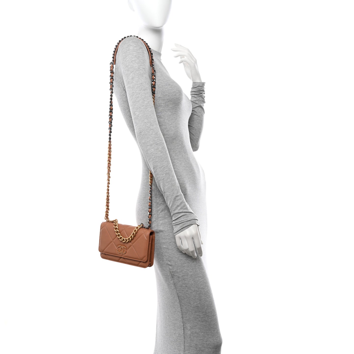 Lambskin Quilted Chanel 19 Wallet On Chain WOC Brown