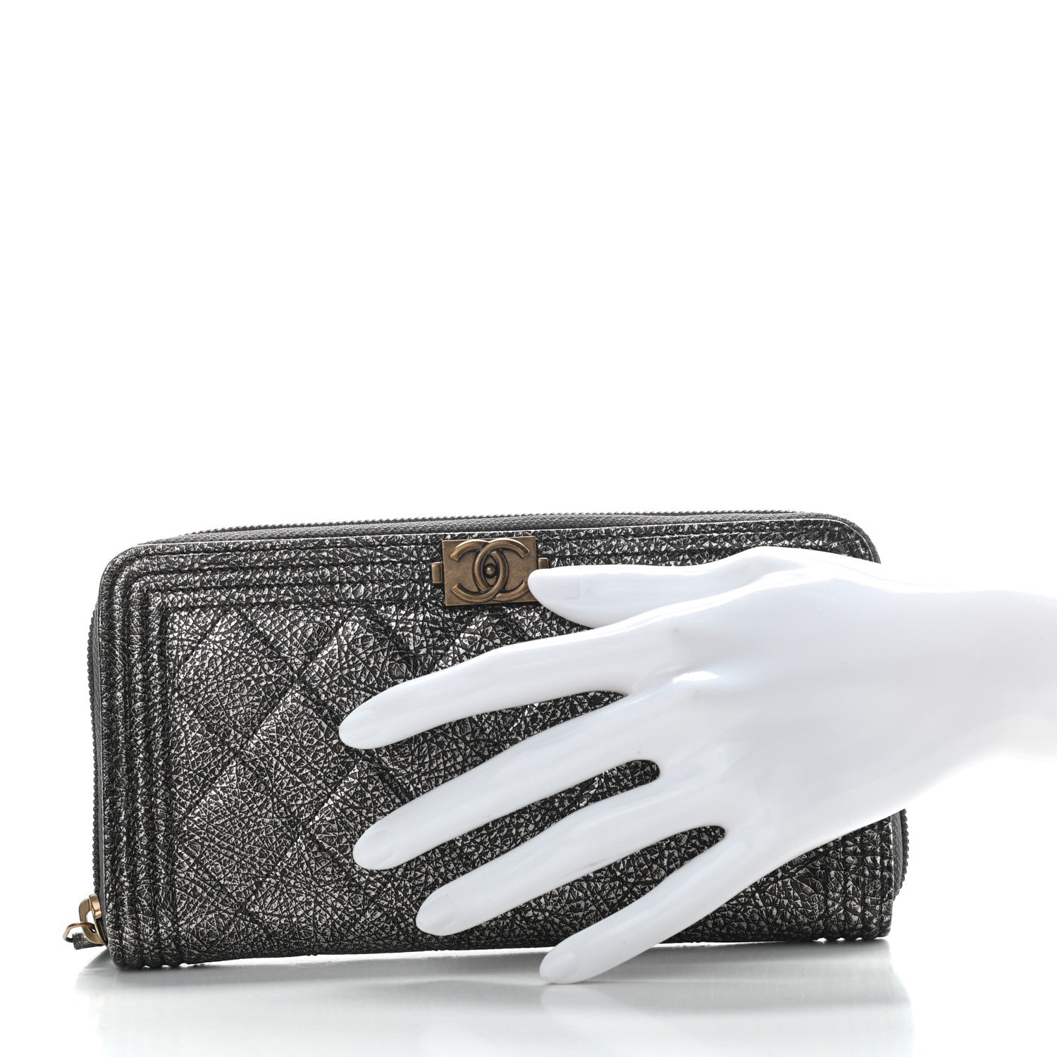 Chanel Cracked Metallic Calfskin Quilted Boy Long Zip Around Wallet Dark Silver 8 of 8