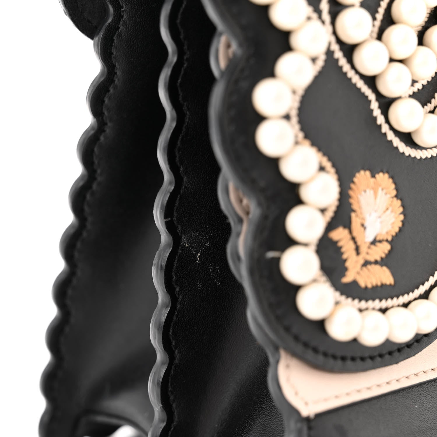 Fendi Vitello Liberty Pearl Bi-Color Flowers and Bows Scalloped Studded Kan I Shoulder Bag Black Camelia 11 of 16