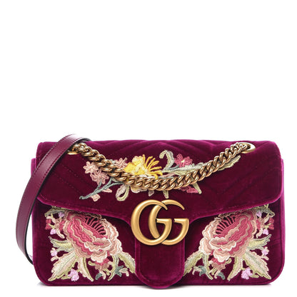 Gucci Velvet Matelasse Embroidered Small GG Marmont Shoulder Bag Fuchsia Violet Cyclamen 1 of 8