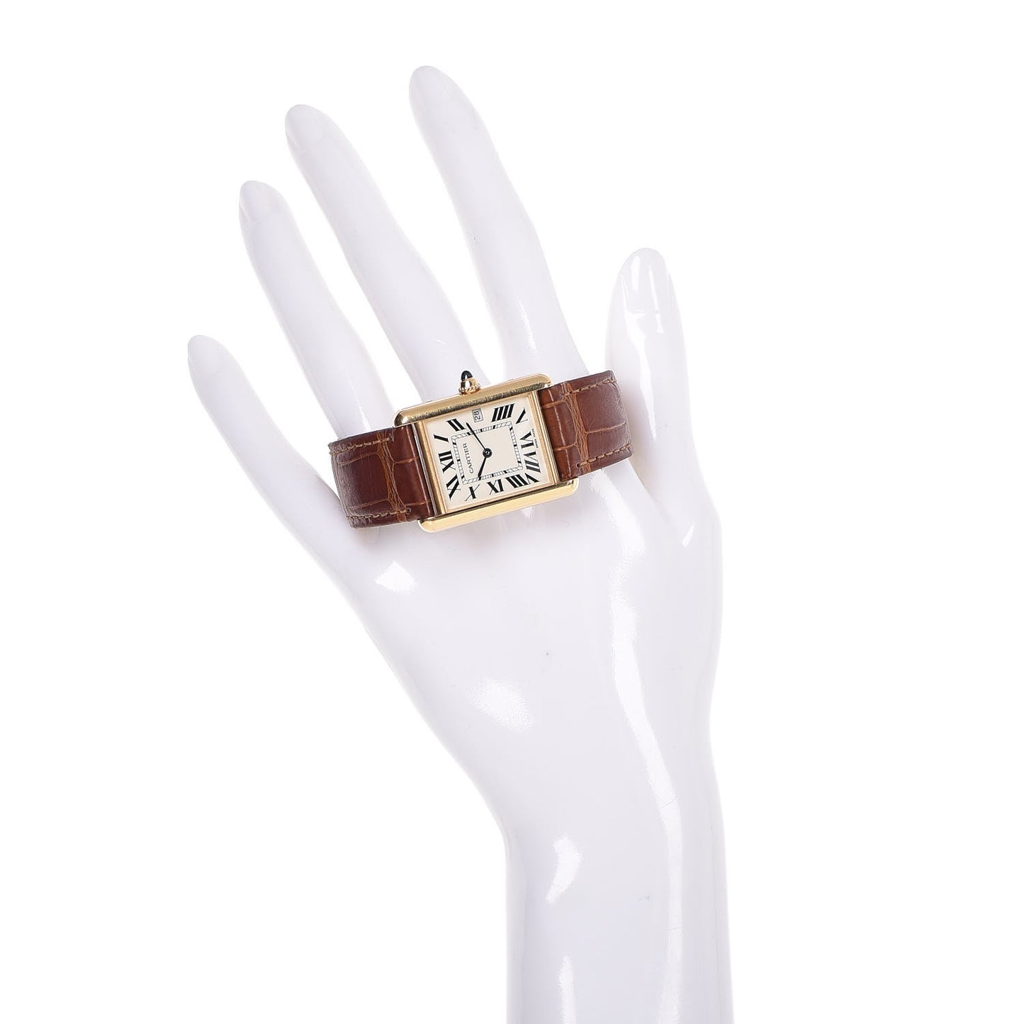 18K Yellow Gold Alligator 26mm Tank Louis Quartz Watch Brown