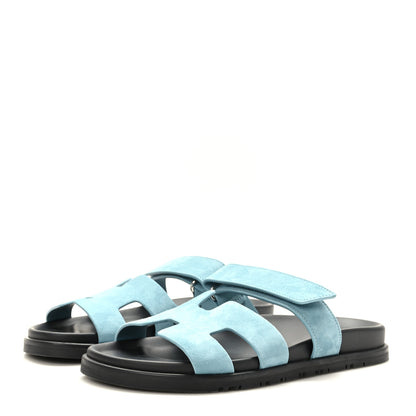 Hermes Suede Goatskin Womens Chypre Sandals 38 Bleu Mineral 3 of 8