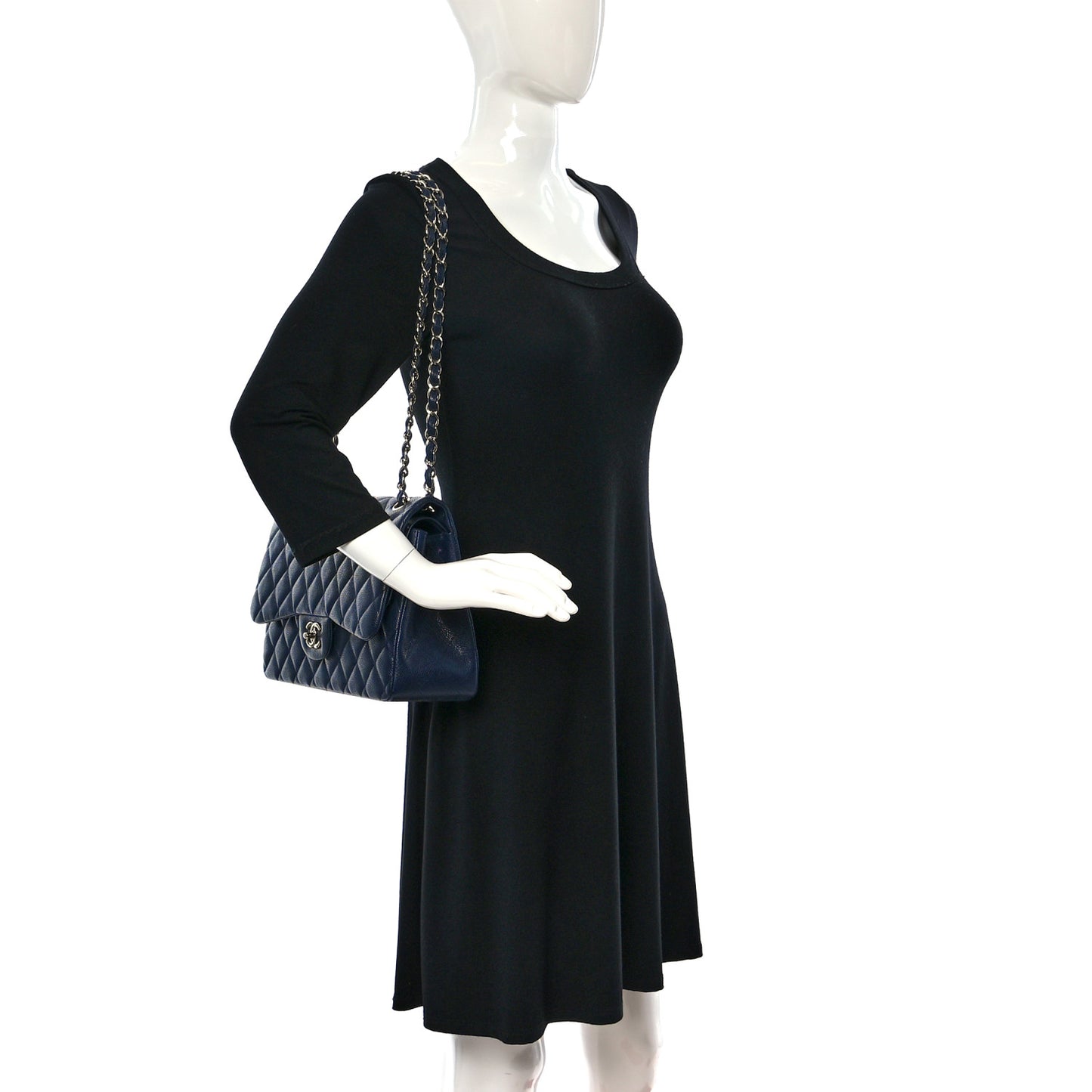 Caviar Quilted Jumbo Double Flap Navy Blue