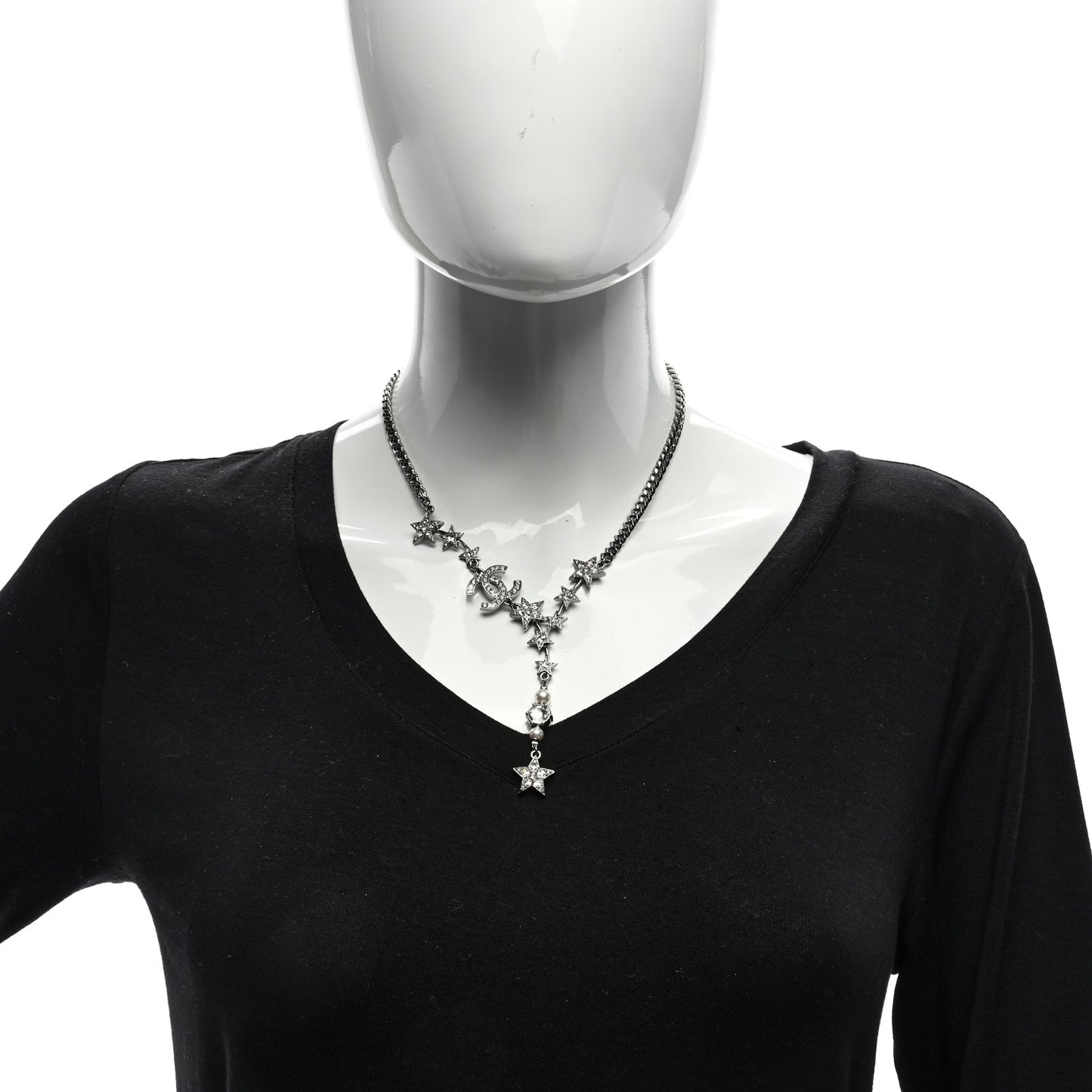 Crystal Pearl CC Star Necklace Silver