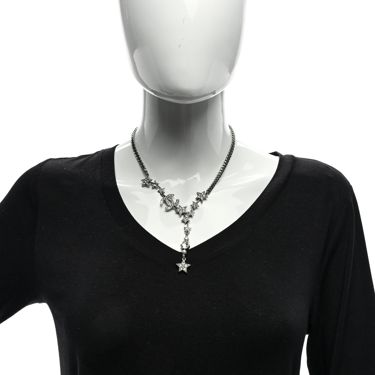 Chanel Crystal Pearl CC Star Necklace Silver 2 of 4