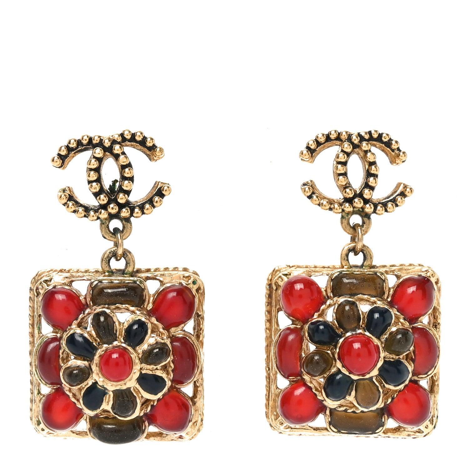 Chanel Gripoix Poured Glass Square CC Drop Earrings Red Blue Gold 1 of 4