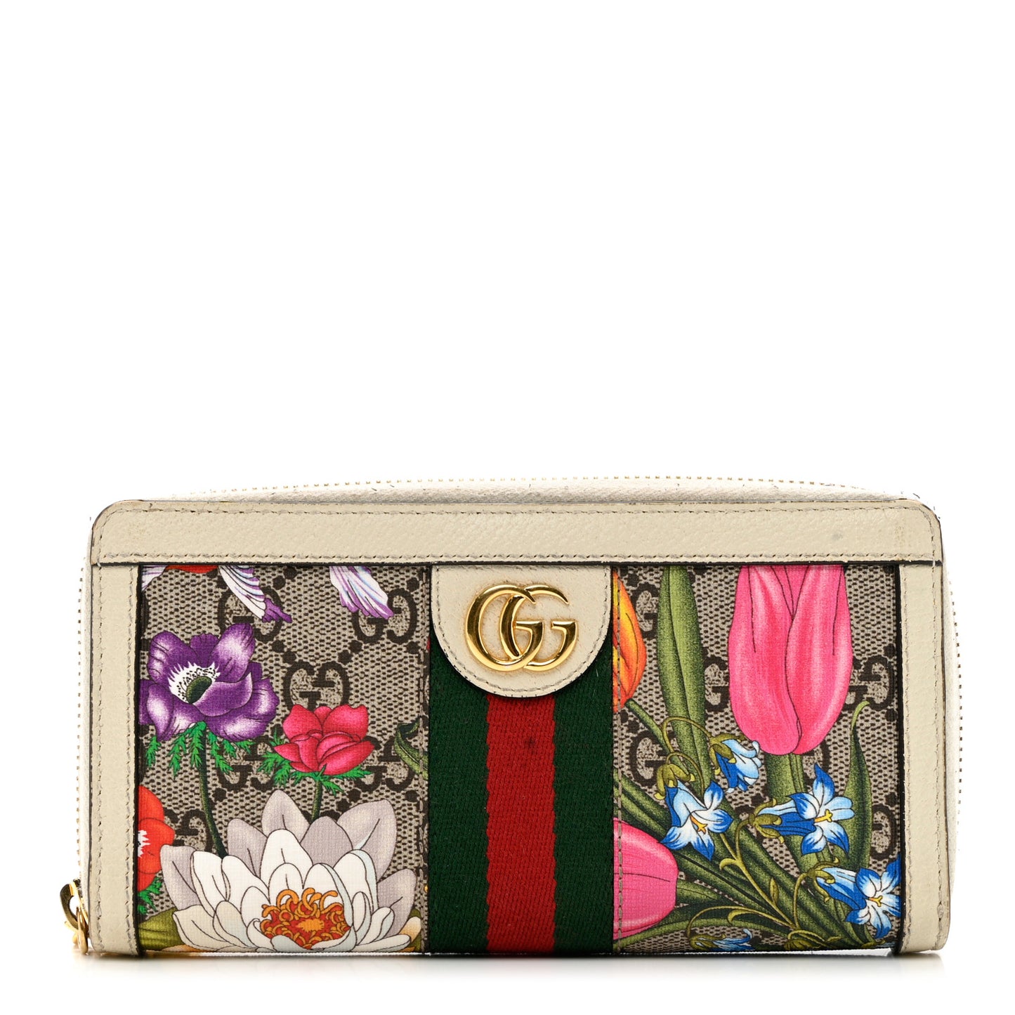 GG Supreme Monogram Flora Ophidia Zip Around Wallet White