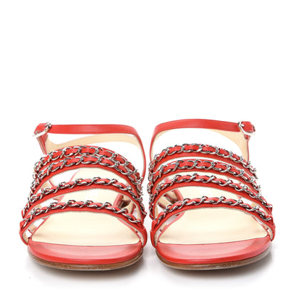 Chanel Lambskin Chain Flat Sandals 37.5 Red 2 of 10