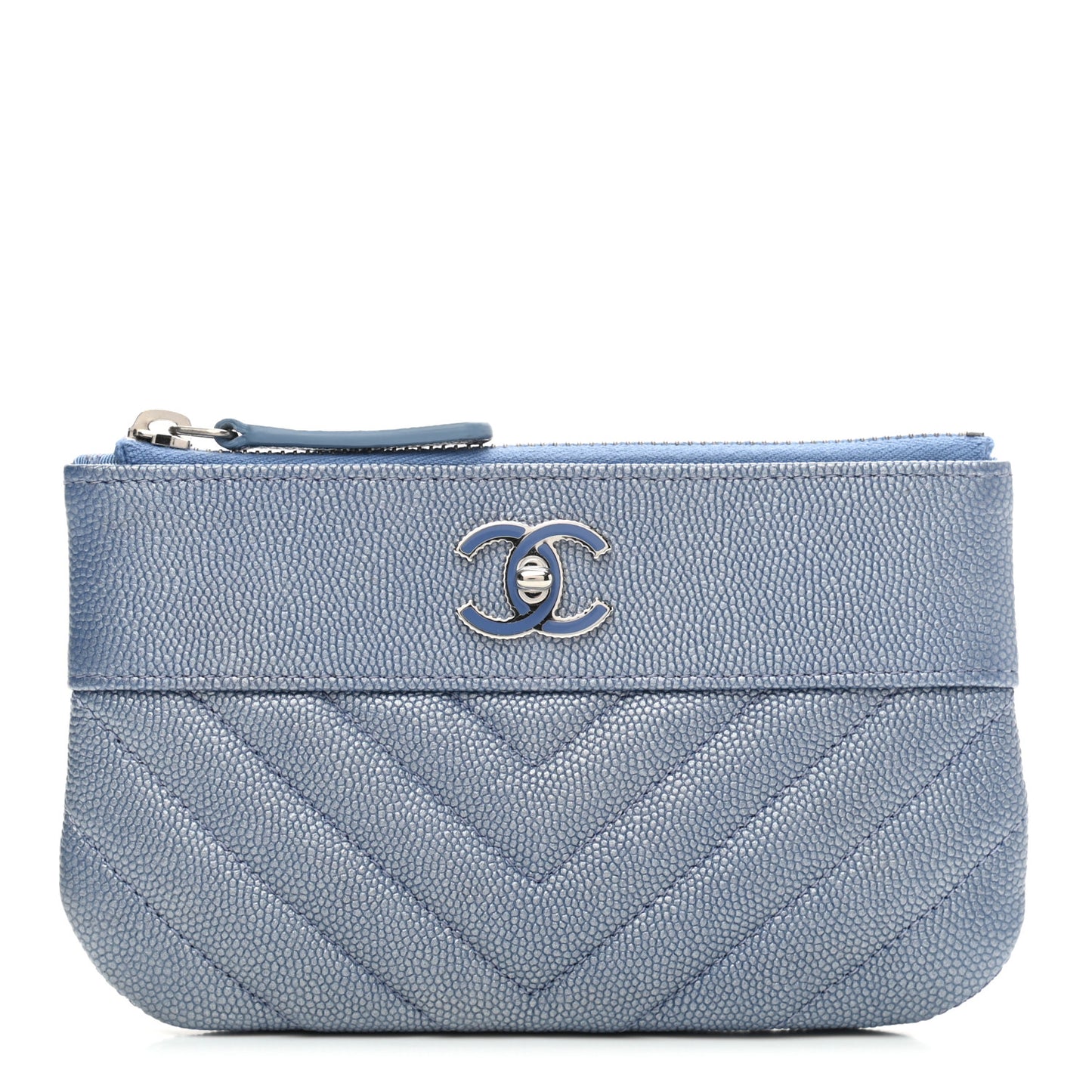 Metallic Caviar Chevron Quilted Small Vintage Mademoiselle Cosmetic Case Blue