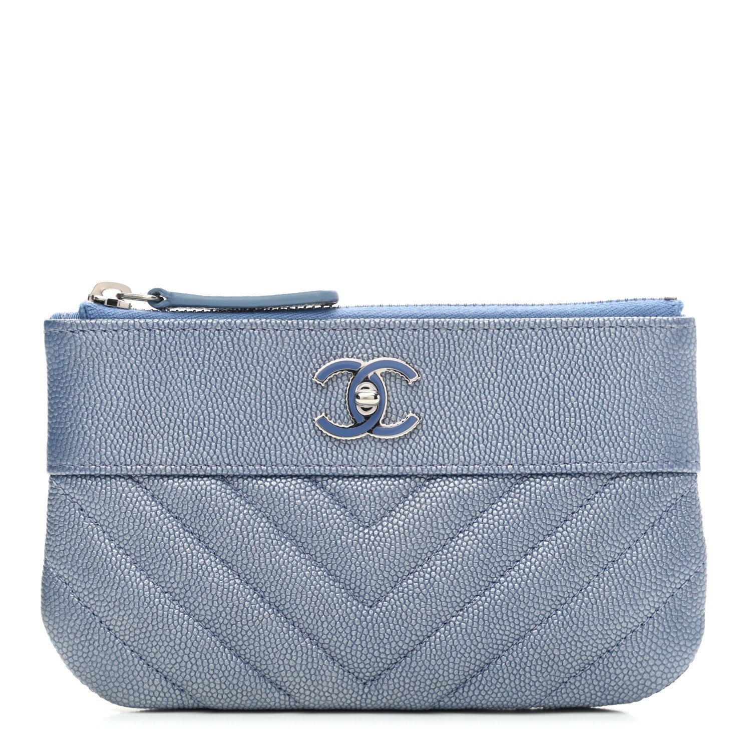 Chanel Metallic Caviar Chevron Quilted Small Vintage Mademoiselle Cosmetic Case Blue 1 of 7