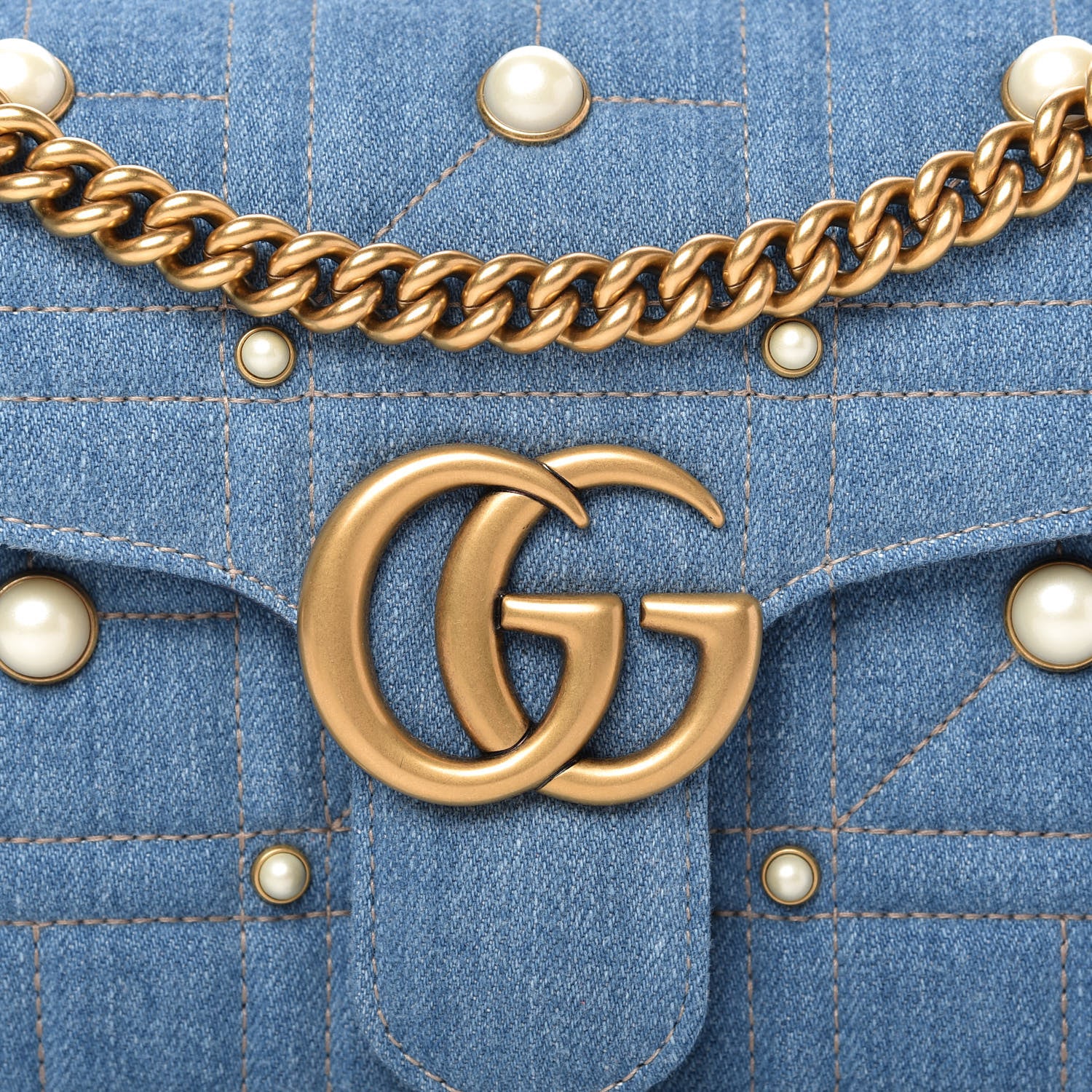 Gucci Denim Matelasse Pearl Studded Small GG Marmont Shoulder Bag Blue 10 of 10
