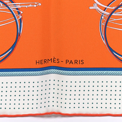 Hermes Silk Les Voitures A Transformation Scarf 90 Orange White Bleu 2 of 5
