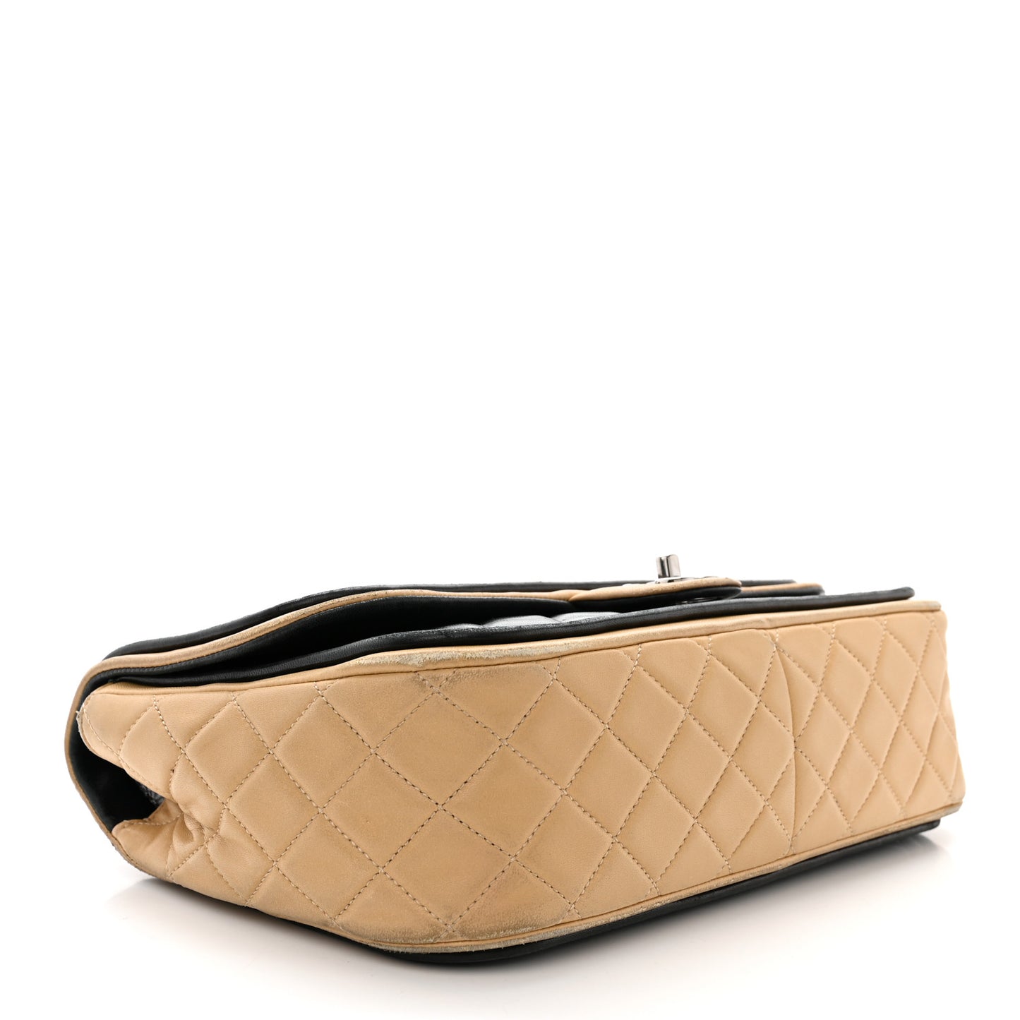 Lambskin Quilted Jumbo Classic Twist Flap Bag Black Beige