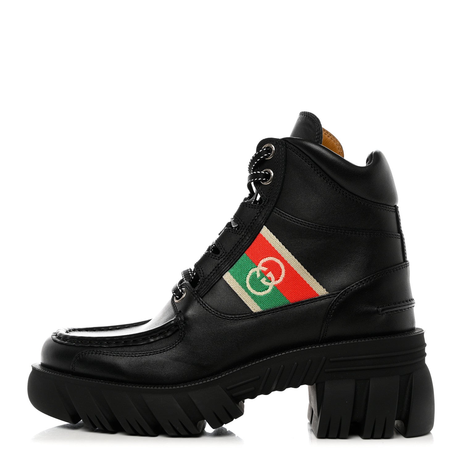 Gucci Quebec Calfskin Web Womens Interlocking G Lace Up Combat Boots 39 Black Mystic White Green Red 1 of 8