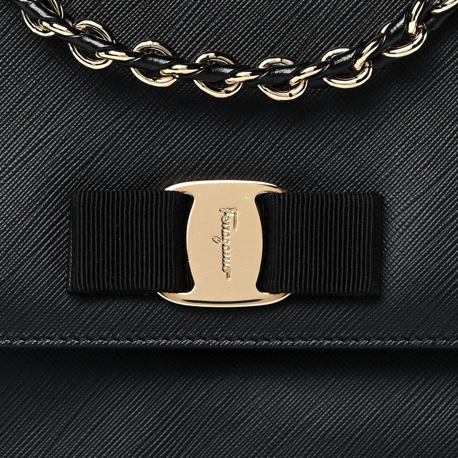 Salvatore Ferragamo Printed Calfskin Vara Bow Chain Flap Crossbody Black 9 of 15