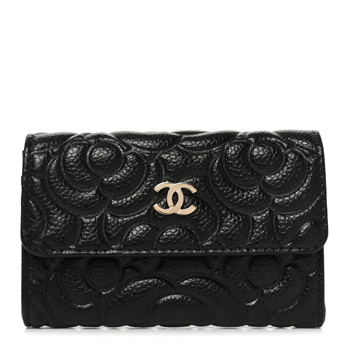 Caviar Camellia Embossed Card Holder Wallet Black