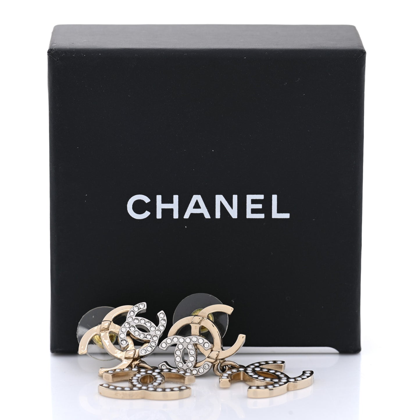 Crystal Pearl Double CC Drop Earrings Gold Silver