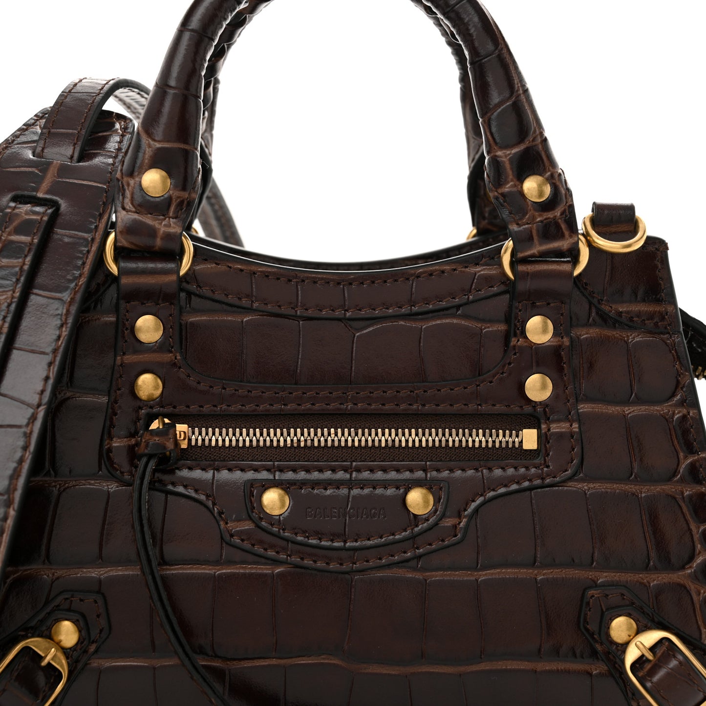 Semi Shiny Calfskin Crocodile Embossed Neo Classic Gold Hardware Mini City Dark Brown