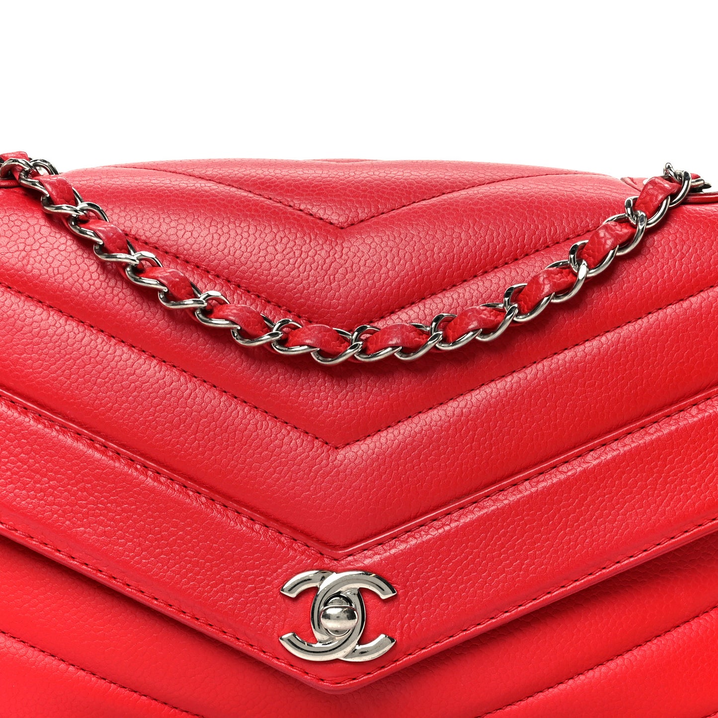 Caviar Chevron Quilted Single Flap Red
