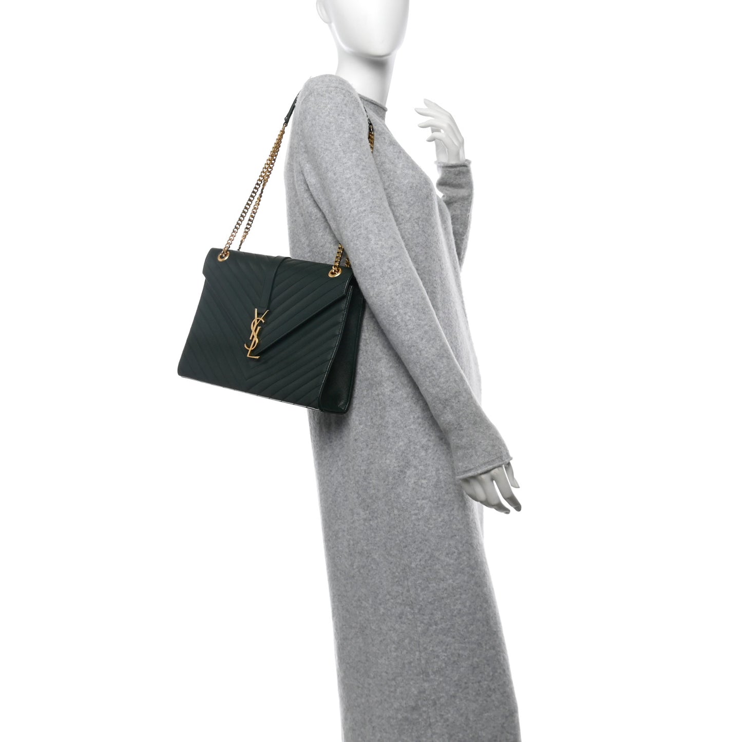 Grain De Poudre Matelasse Chevron Large Monogram Satchel Dark Green