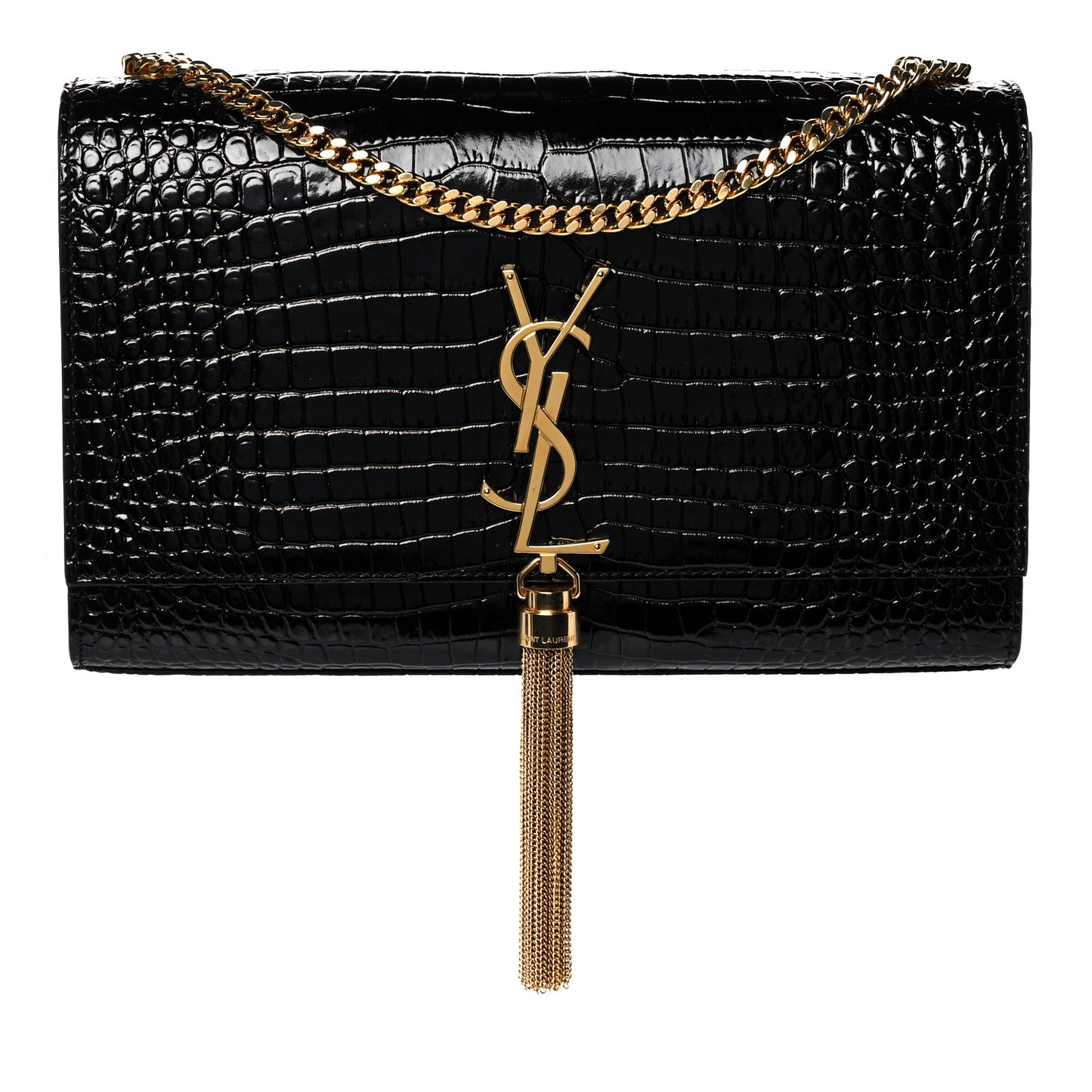 Calfskin Crocodile Embossed Medium Classic Monogram Kate Tassel Satchel Black