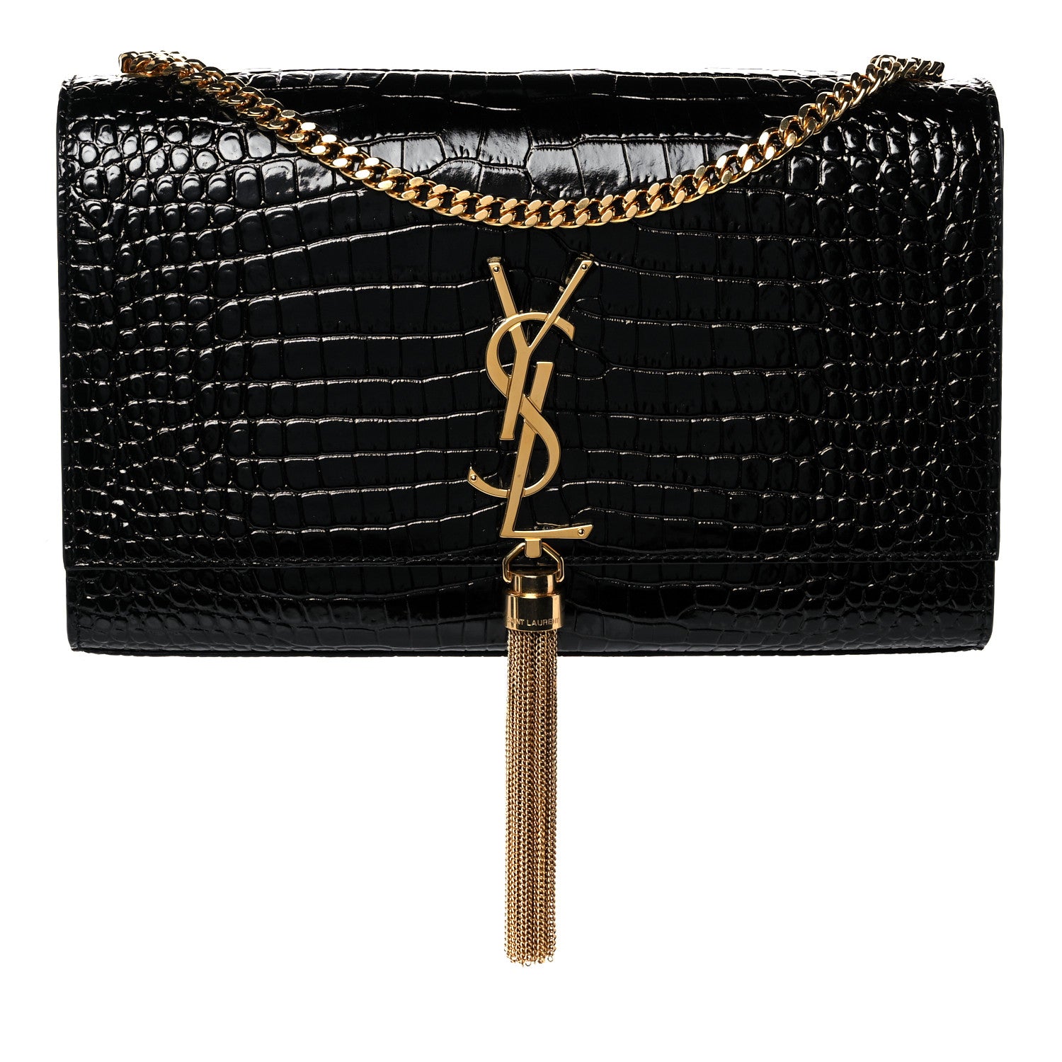 Saint Laurent Calfskin Crocodile Embossed Medium Classic Monogram Kate Tassel Satchel Black 1 of 9