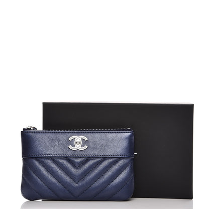 Chanel Metallic Sheepskin Chevron Quilted Small Vintage Mademoiselle Cosmetic Case Navy 8 of 8