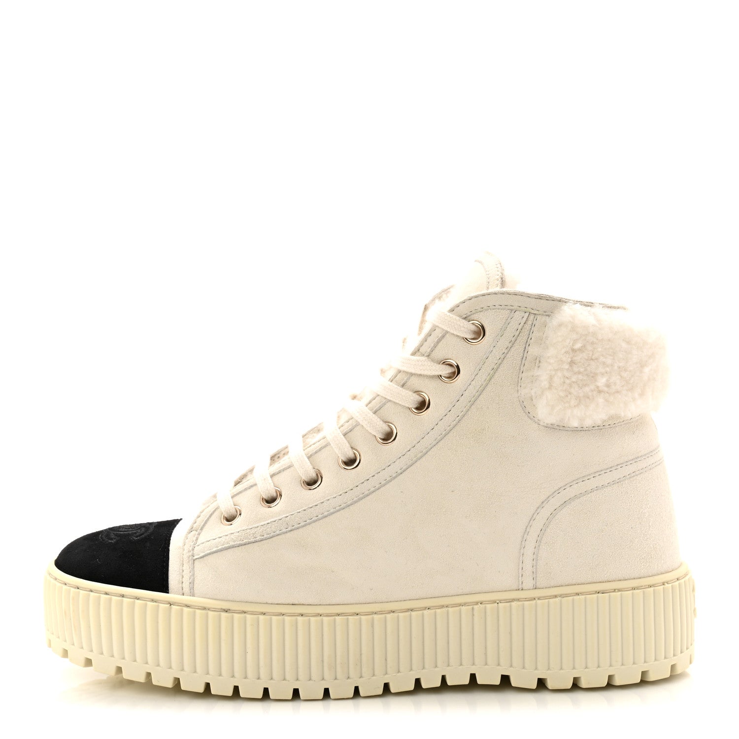 Chanel Kid Suede Shearling Sheepskin Lace Up Boots 38 Ivory White Black 1 of 8