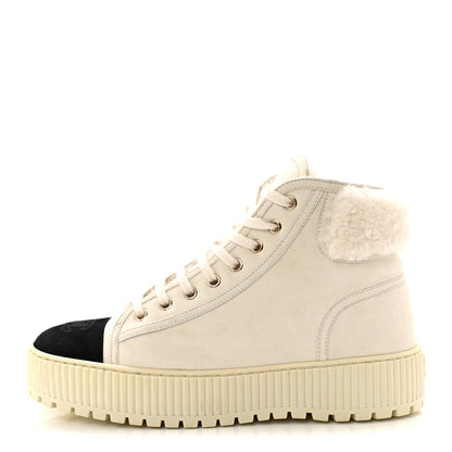 Chanel Kid Suede Shearling Sheepskin Lace Up Boots 38 Ivory White Black 1 of 8