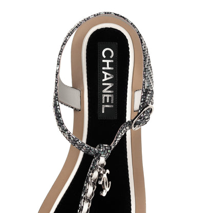 Chanel Goatskin Velvet Fantasy CC Chain Thong Sandals 38.5 Silver Ivory 7 of 9