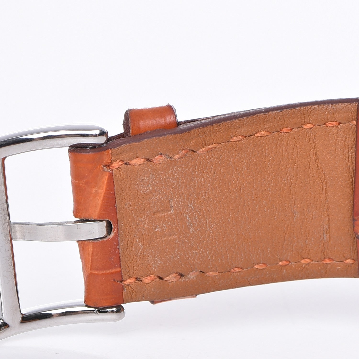 Hermes Sterling Silver Alligator Diamond Mother of Pearl 30.5mm Heure H Hour Quartz Watch Orange 9 of 13
