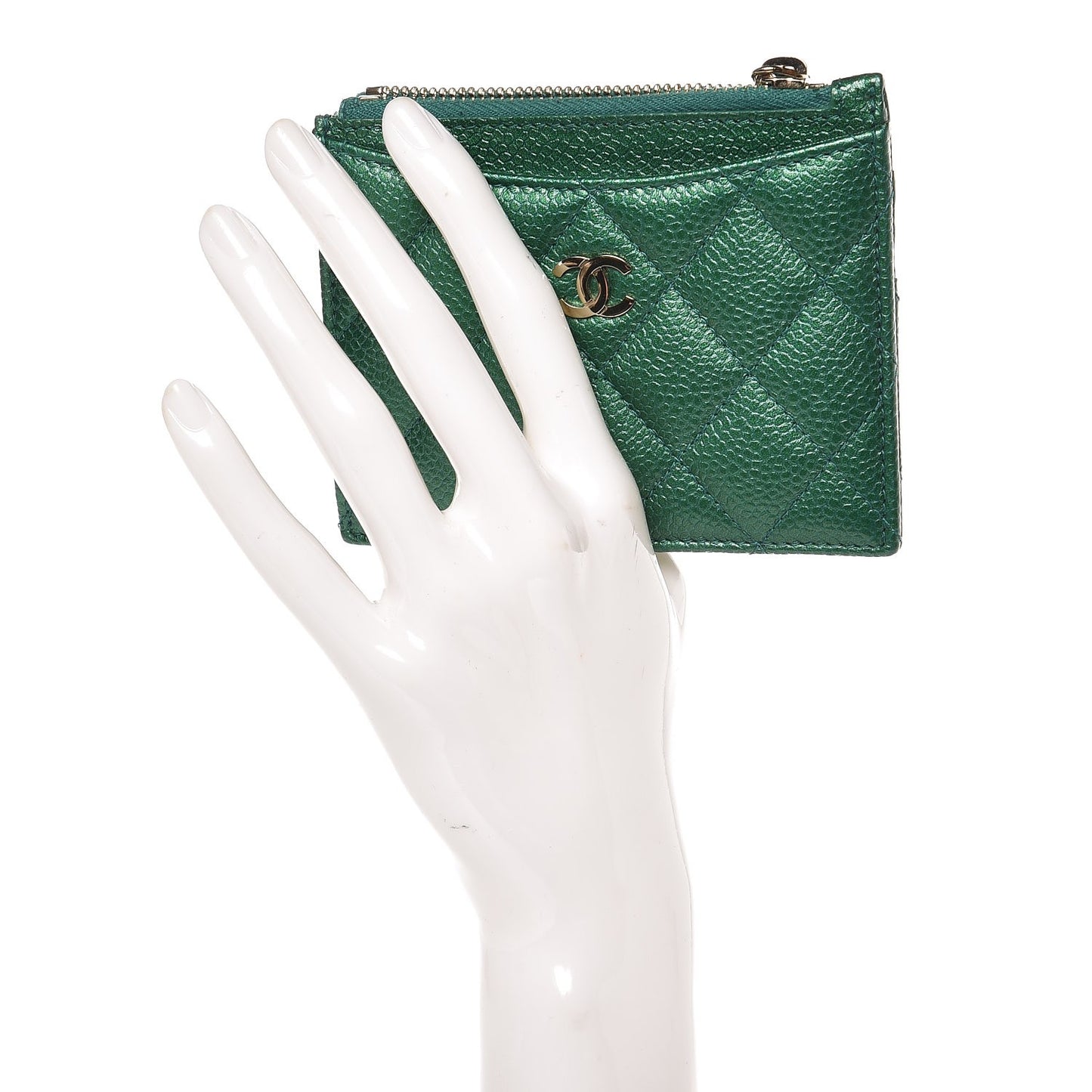 Metallic Caviar Quilted CC Zip Card Holder Green