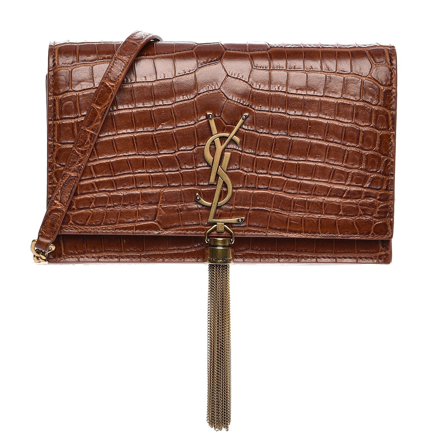 Calfskin Crocodile Embossed Kate Monogram Tassel Chain Wallet Cognac