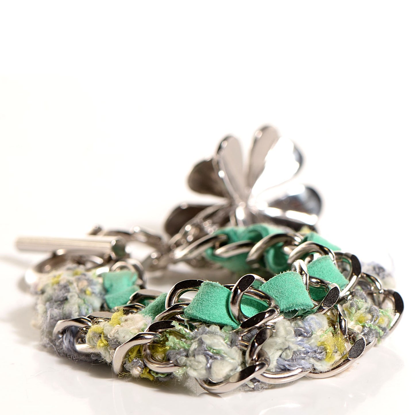 Suede Tweed CC Clover Charm Bracelet Silver