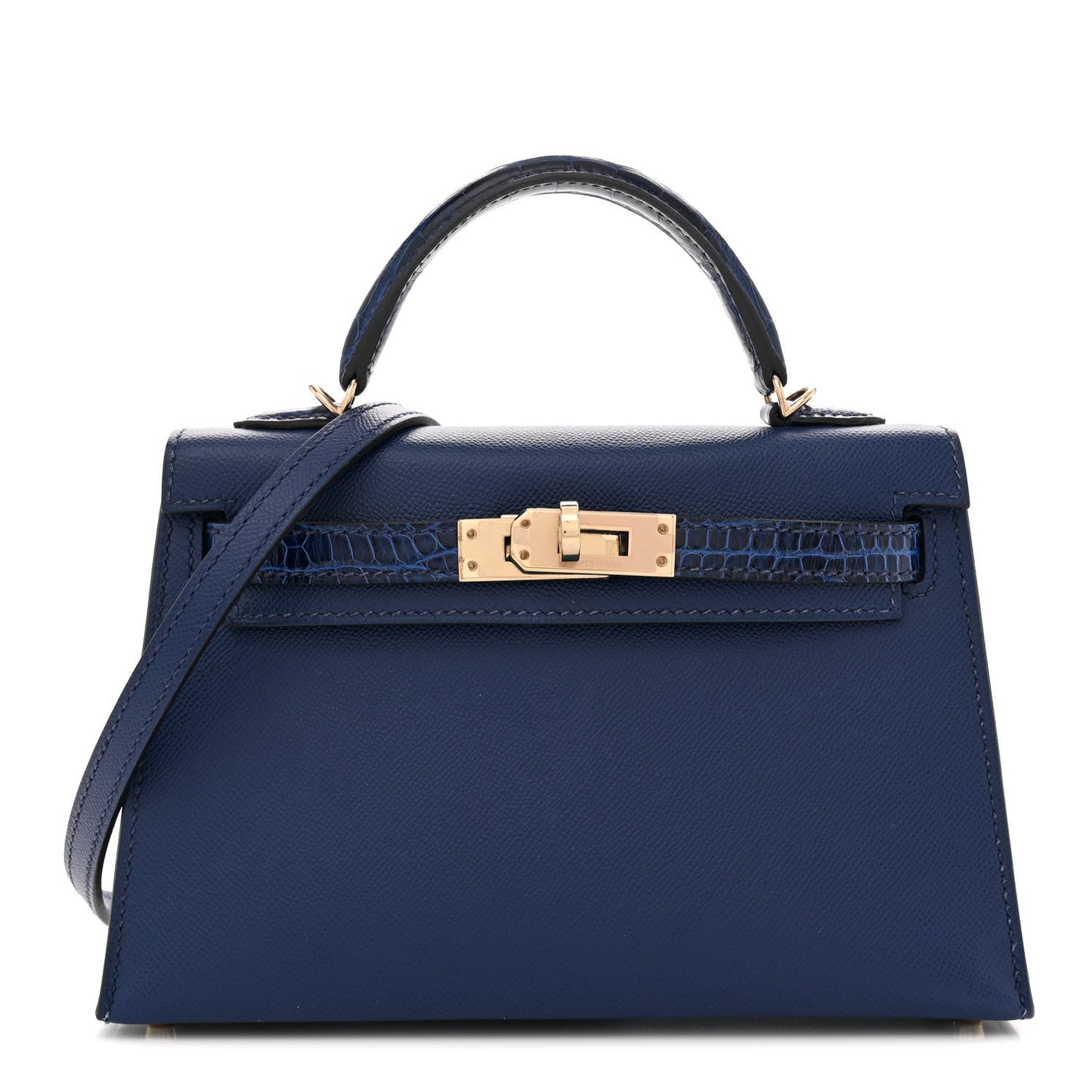 Madame Calfskin Shiny Alligator Mini Kelly Sellier Touch 20 Bleu Encre