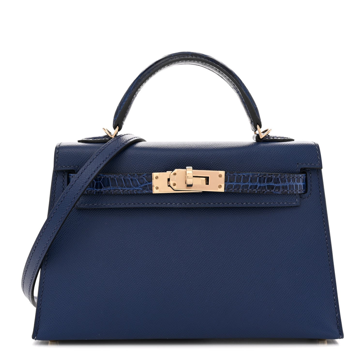 Hermes Madame Calfskin Shiny Alligator Mini Kelly Sellier Touch 20 Bleu Encre 1 of 15
