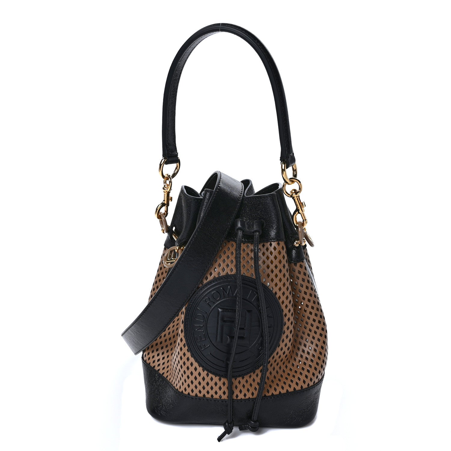 Fendi Vitello Liberty Glossy Lambskin F is Fendi Perforated Mini Mon Tresor Bucket Bag Sand Mimosa Black 1 of 9