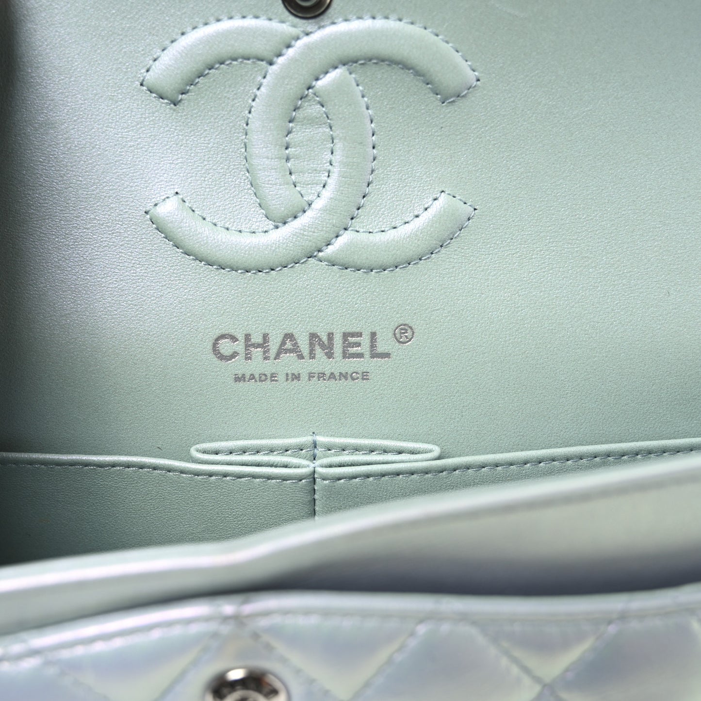 Iridescent Calfskin Quilted Small Double Flap Light Blue