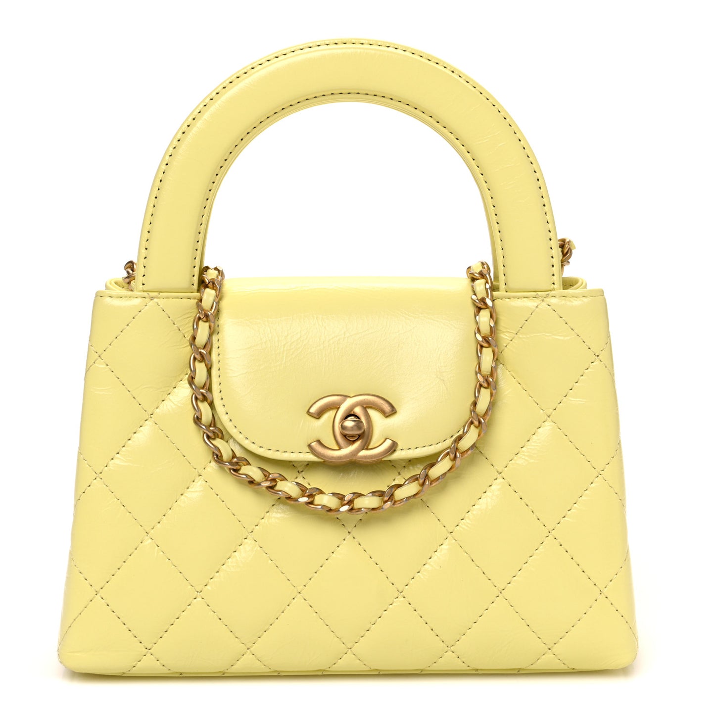 Shiny Aged Calfskin Quilted Nano Kelly Shopper Light Yellow