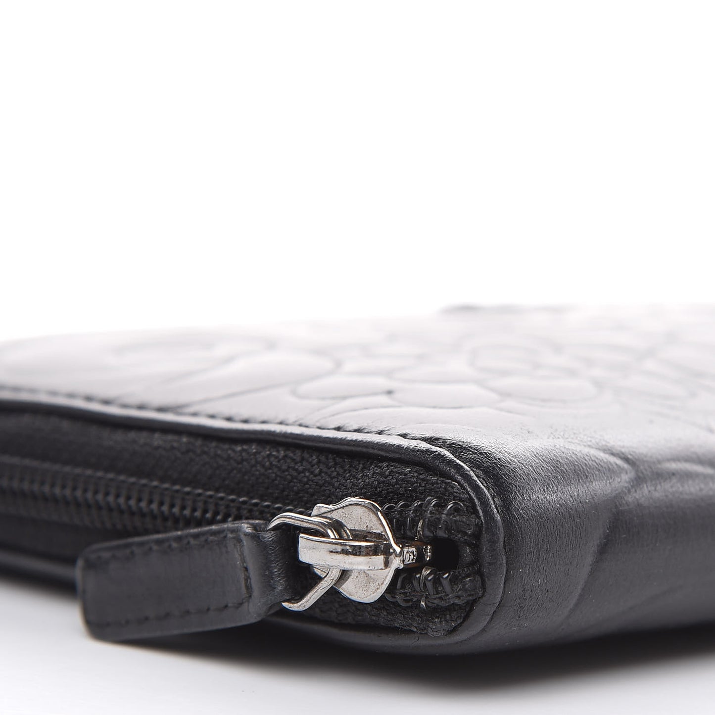 Lambskin Camellia Embossed Zip Around Organizer Wallet Black