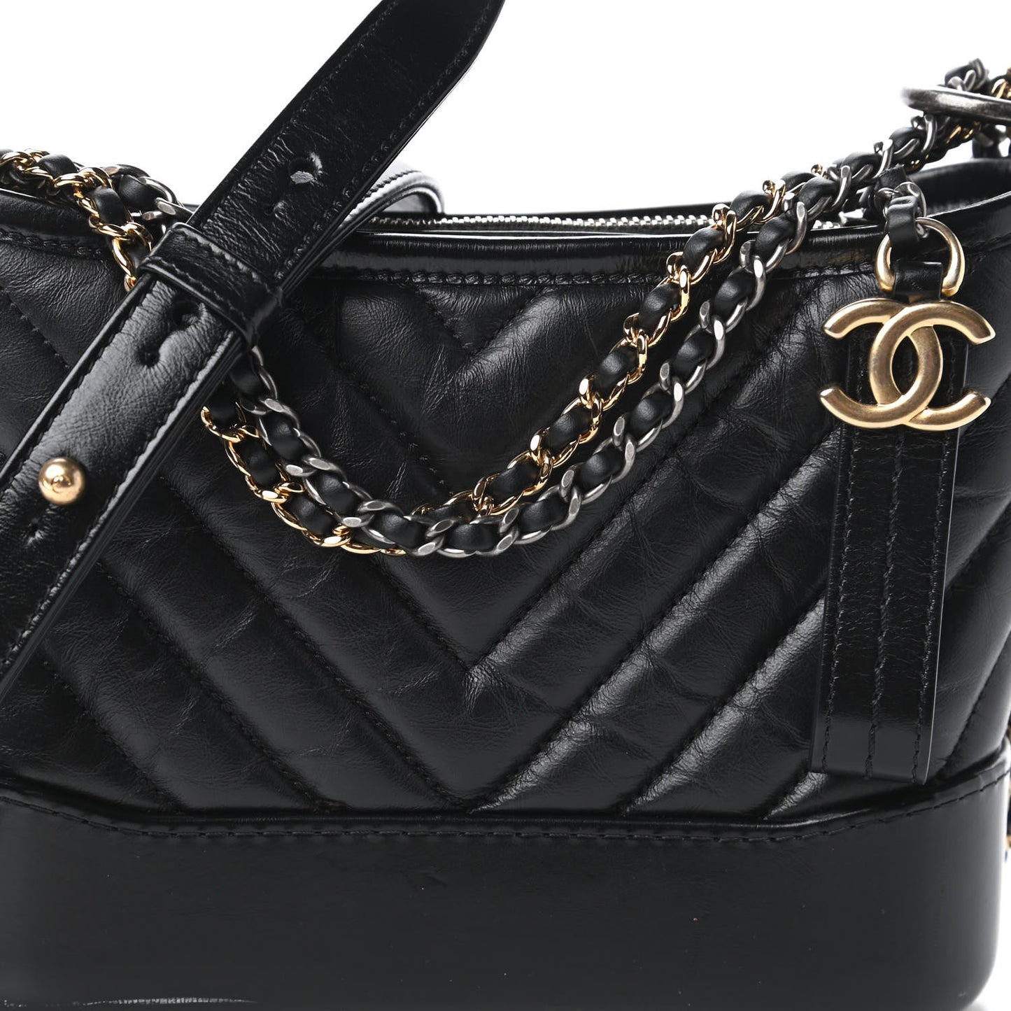 Aged Calfskin Chevron Quilted Small Gabrielle Hobo Black