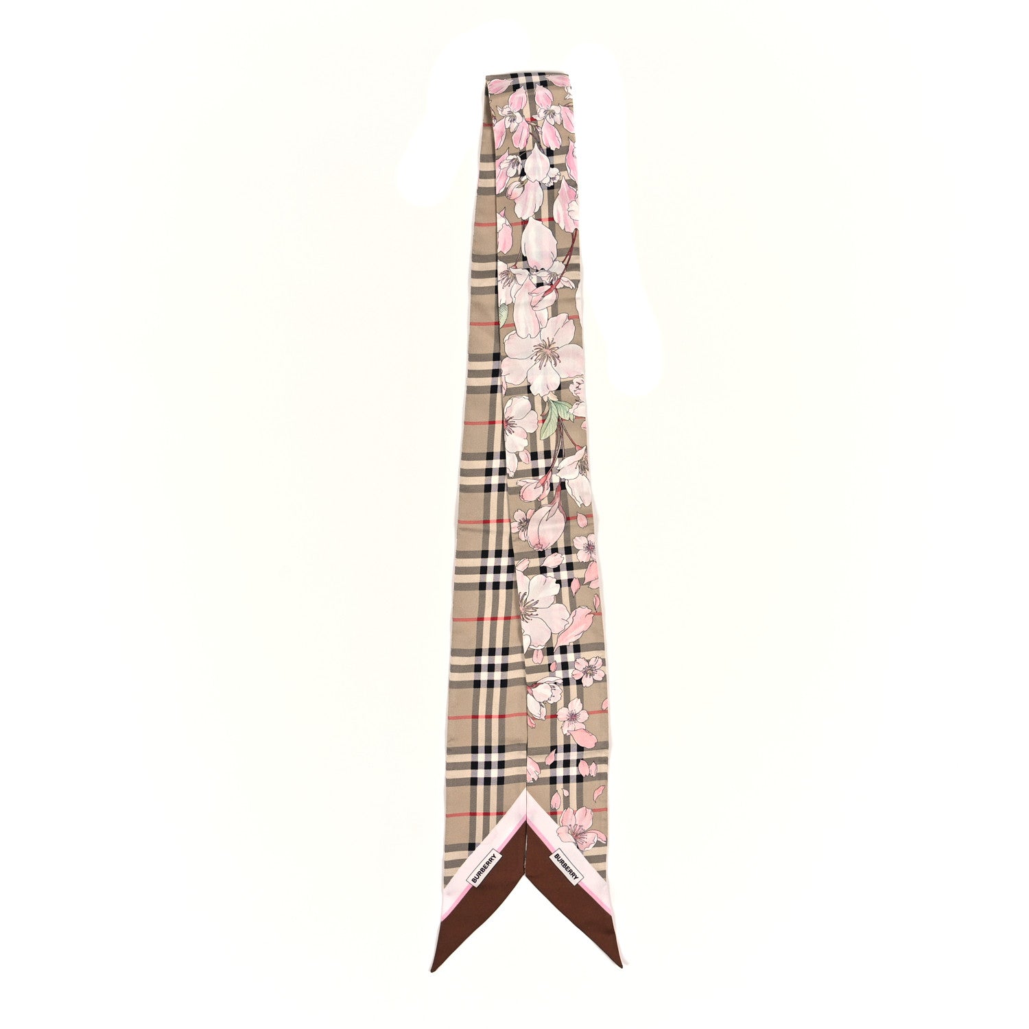Burberry Silk Floral Check Print Skinny Scarf Beige 2 of 3