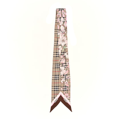 Burberry Silk Floral Check Print Skinny Scarf Beige 2 of 3