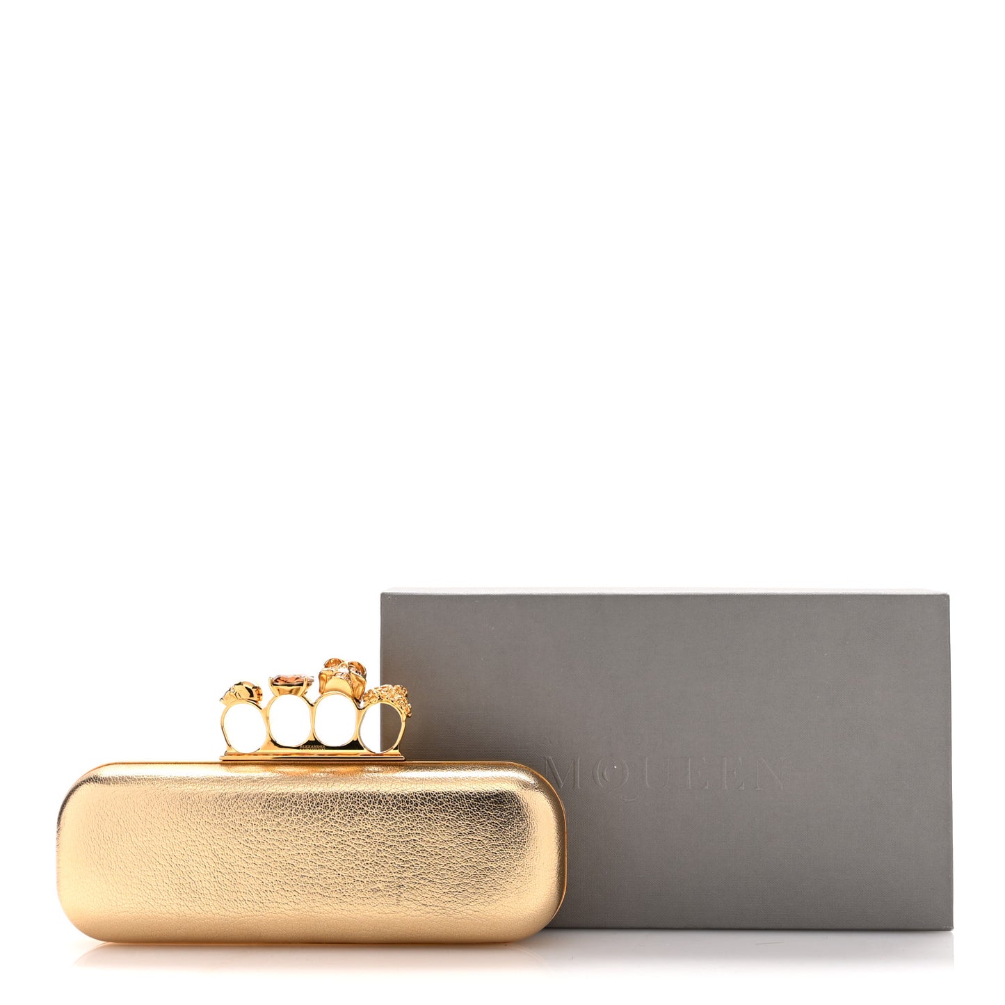 Metallic Calfskin Skull Knuckle Box Clutch Gold